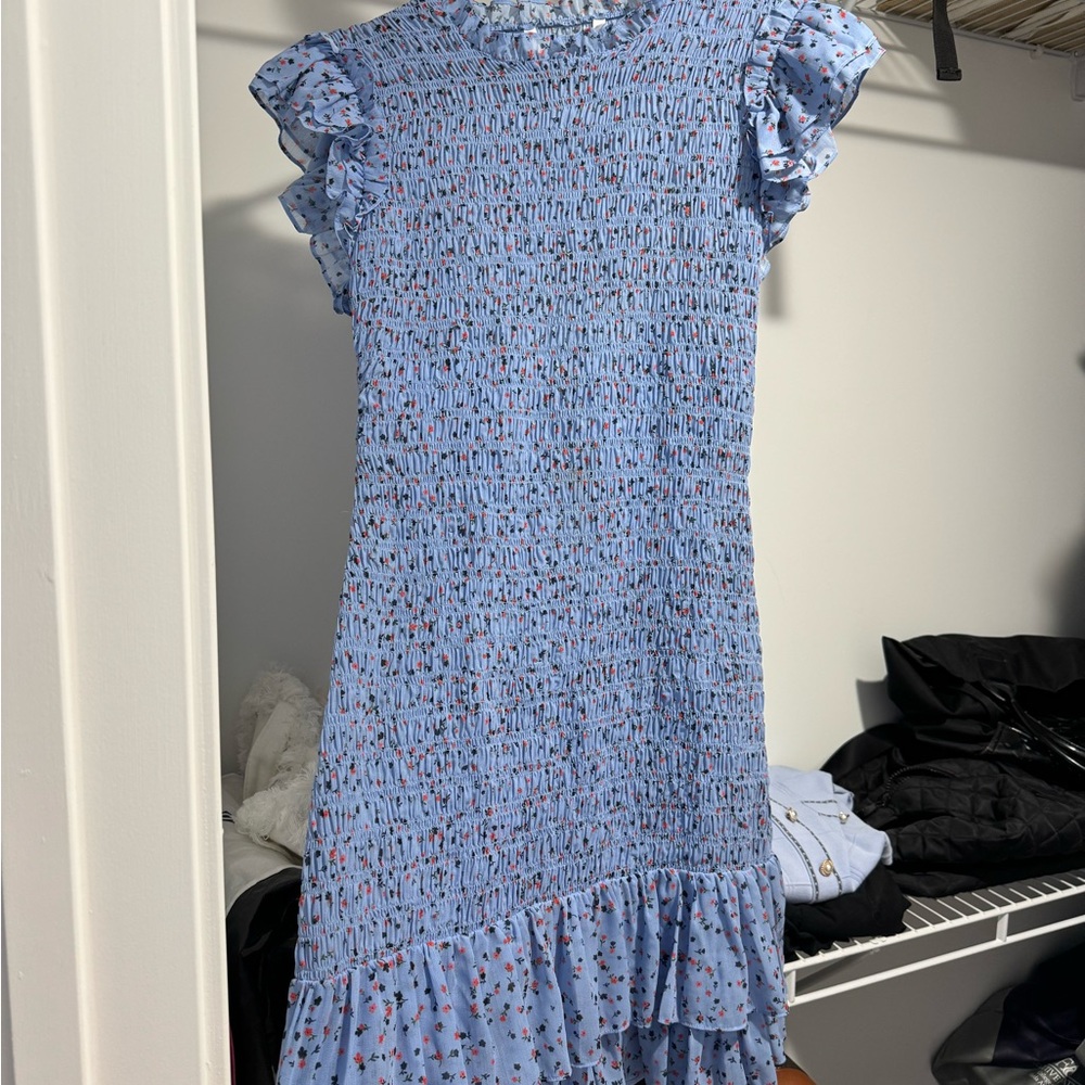 Veronica Beard Light Blue Floral Smocked Dress